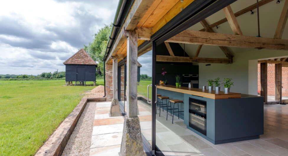 Open-air kitchen and backyard in modern home
