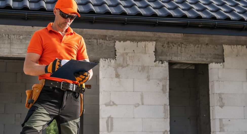 Construction Worker Assessing Building Progress on a New Site During Daylight Hours