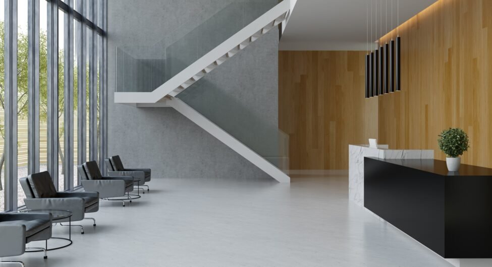 Interior of a hotel office lobby spa reception 3D illustration