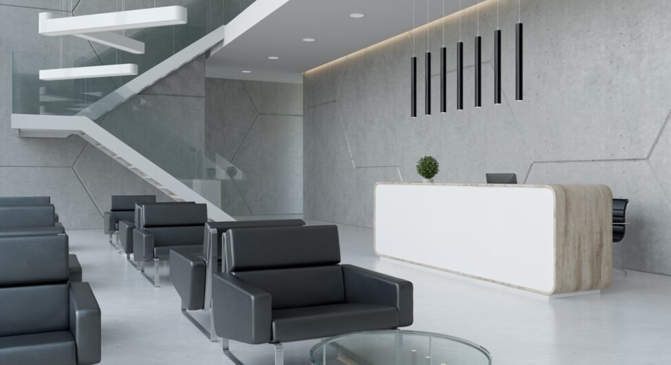 Interior of a hotel office lobby spa reception 3D illustration